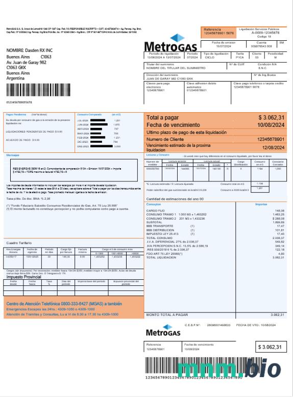 Argentyna Metrogas łatwy do wypełnienia szablon rachunku za media Biznesowe w formacie Word i PDF
